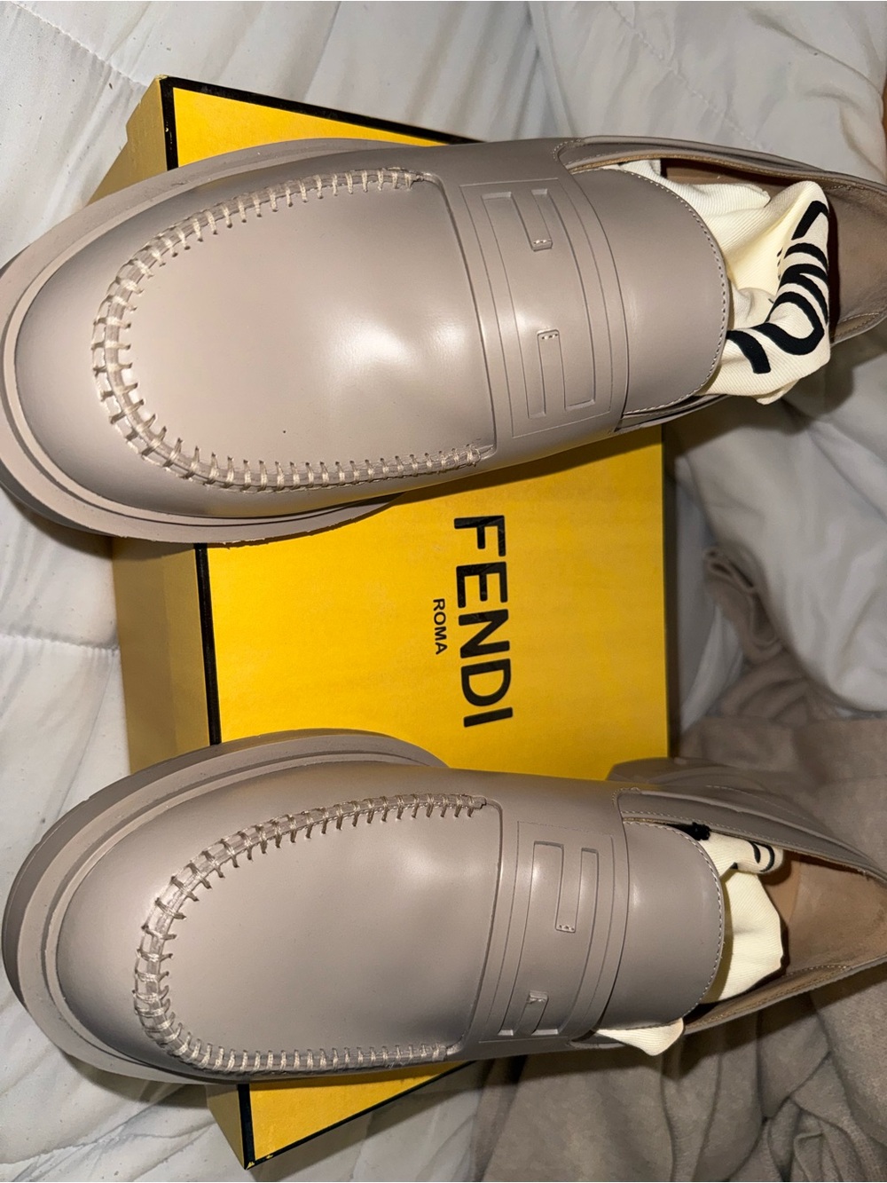 Fendi Men’s Taupe-Beige Leather Slip-On Loafers